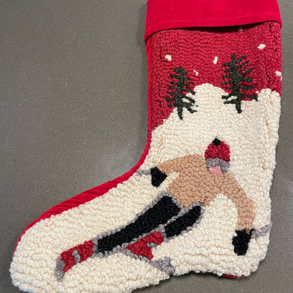 Handhooked Wool Skier Christmas Stocking New
